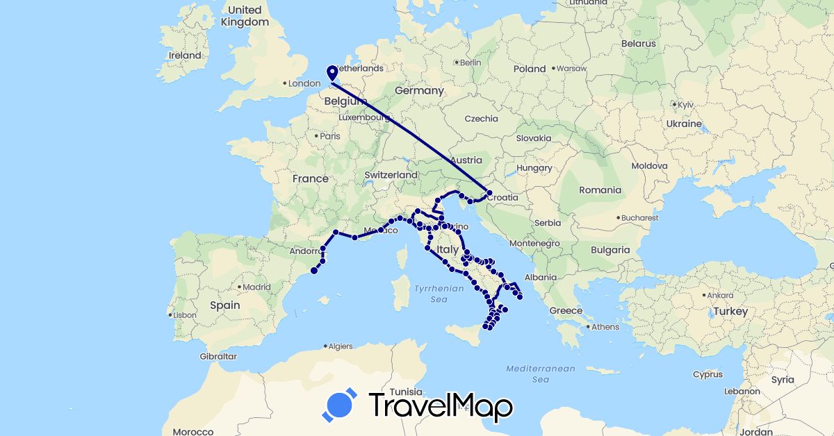 TravelMap itinerary: driving in Spain, France, Croatia, Italy, Monaco, Netherlands, San Marino (Europe)